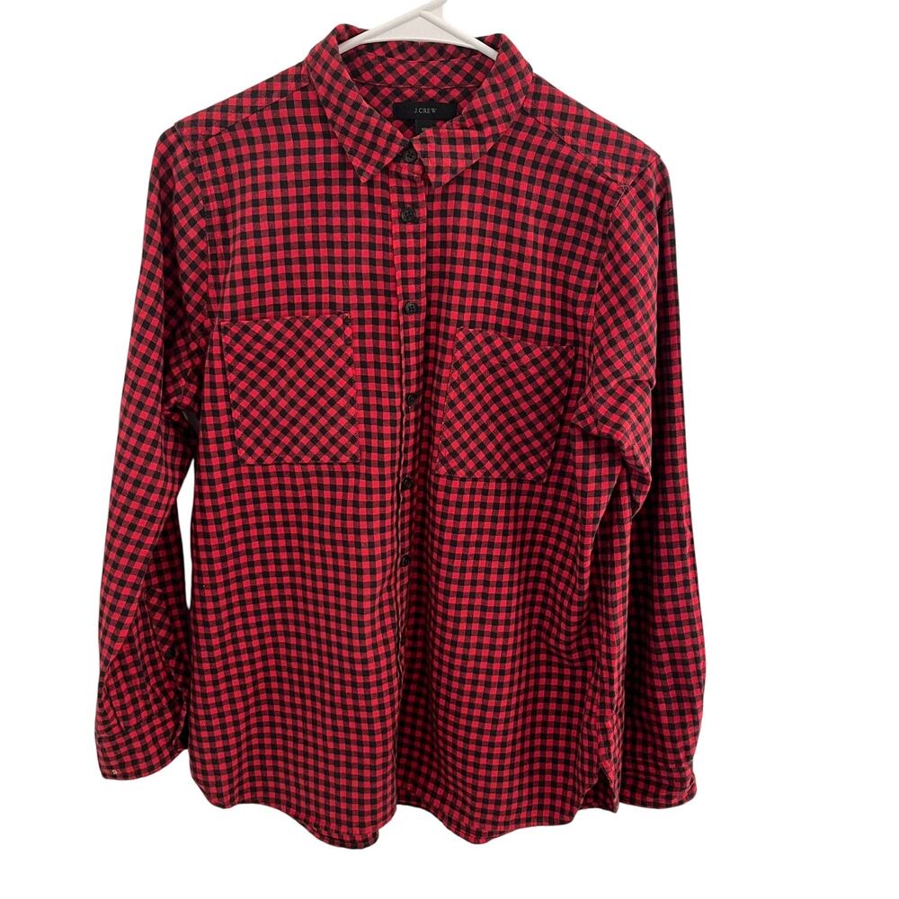 J.Crew Shirt Womens Size 10P Red Black Buffalo Plaid Button Up Cabincore Light